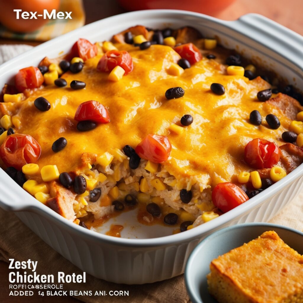 Tex-Mex Zesty Chicken Rotel with melted cheese, black beans, corn, and a side of sweet potato cornbread.