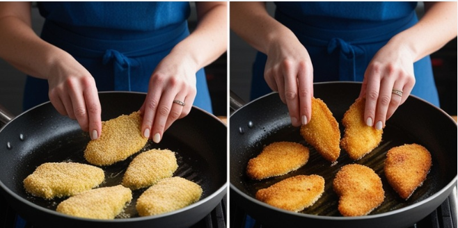 A close-up of chicken cutlets frying in a skillet with hot oil. A spatula flips one cutlet, revealing its golden-brown underside as oil bubbles around the edges.