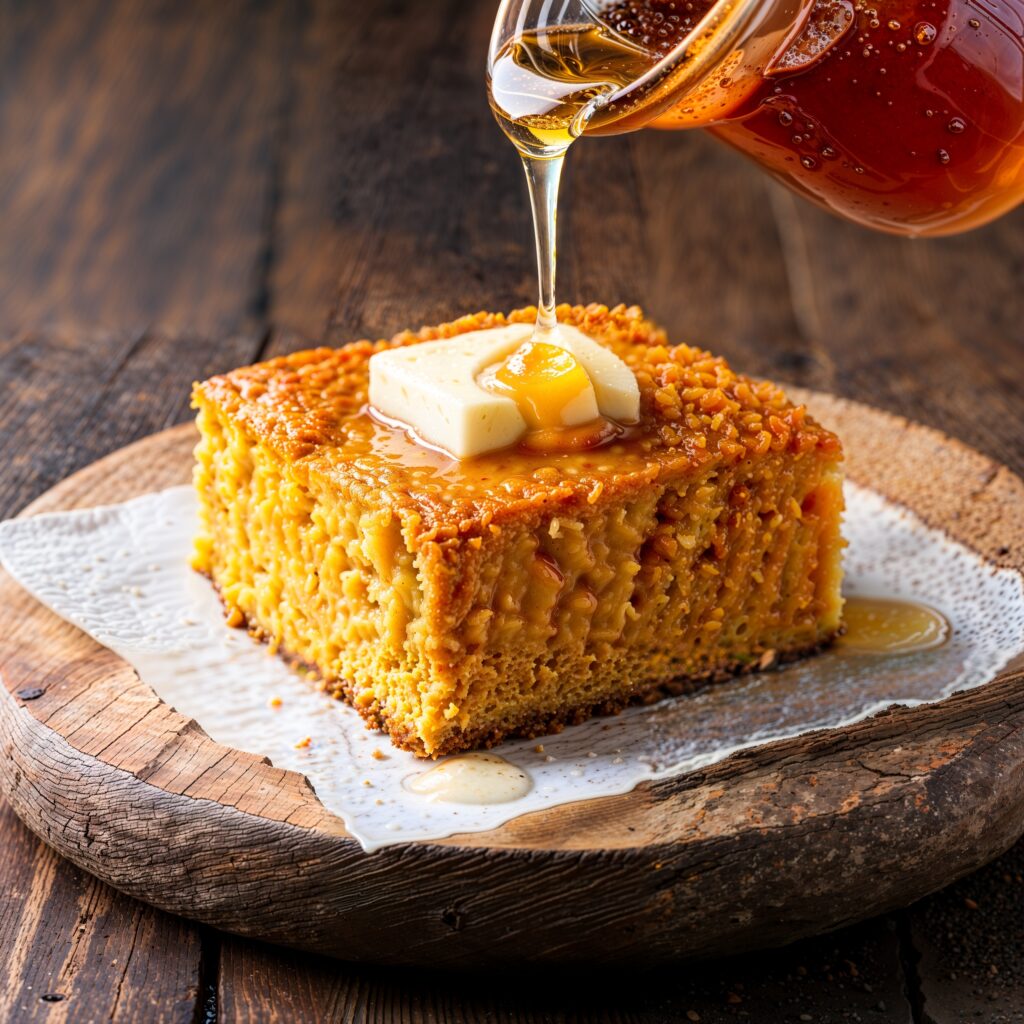 A golden-orange sweet potato cornbread in a cast-iron skillet with a slice cut, showing a moist crumb.