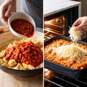 cooked chicken in the skillet, stirring to coat it with the zesty sauce. Transfer the mixture to a 9x13 inch baking dish. Top with shredded cheddar cheese.