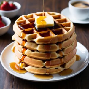 A stack of golden waffles topped with butter and syrup, ready to be enjoyed.