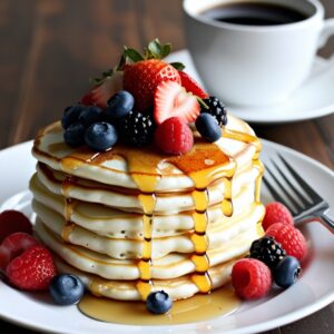 A tall stack of cottage cheese pancakes garnished with fresh berries and syrup, set on a dining table with a warm coffee cup in the background.