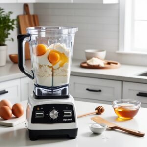 A blender containing cottage cheese, broken eggs, and flour in a bright kitchen, ready to blend into a smooth pancake batter.