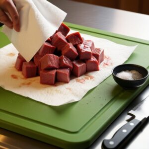 Fresh beef tenderloin cubes being patted dry on a cutting board with a knife and seasoning nearby.