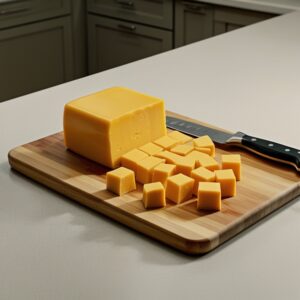 A block of Velveeta cheese is being sliced into perfect cubes on a wooden cutting board, with a sharp knife beside it, in a cozy, sunlit kitchen.