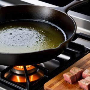 Olive oil shimmering in a large cast-iron skillet on high heat, ready to sear tenderloin cubes.