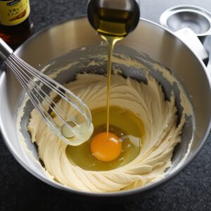 An egg being cracked into the waffle batter along with oil, with a whisk ready to mix.