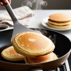 Flipping a golden-brown pancake in a skillet, with additional pancakes cooking and steam rising from the hot pan.