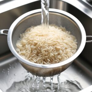 Uncooked long-grain rice being rinsed in a fine-mesh strainer under running water, removing excess starch for perfect cooking.