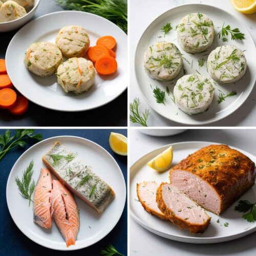 Four plates showing different gefilte fish variations: traditional, herb-infused, salmon, and baked loaf.