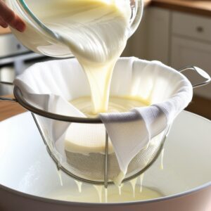 Thick, creamy yogurt being poured into a cheesecloth-lined fine-mesh strainer over a bowl. The yogurt is straining as whey drips into the bowl below.