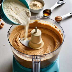 Vanilla protein powder being added to a food processor with chickpea paste, with other ingredients prepared for the next step.