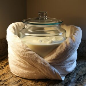 A glass container filled with warm milk and yogurt starter, wrapped in a towel for insulation. It is placed on a kitchen countertop in soft, dim lighting, creating a warm environment for fermentation.