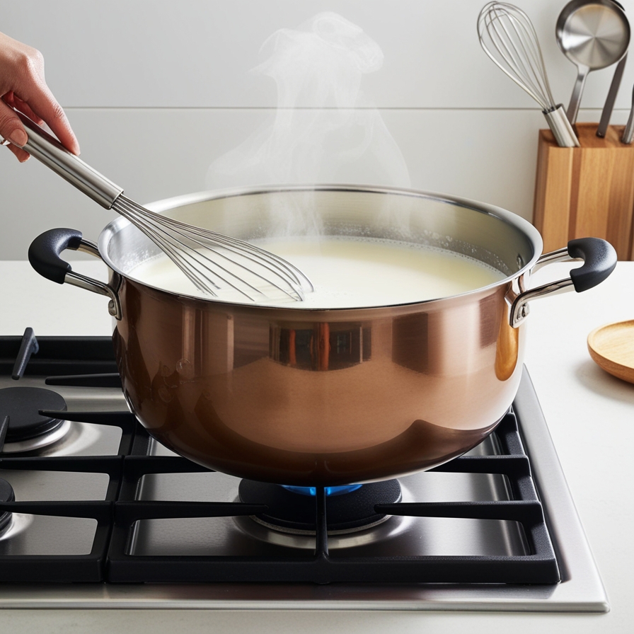 A heavy-bottomed saucepan on the stove with whole milk simmering. A thermometer shows the temperature, while a person gently stirs the milk with a whisk. Steam is rising from the surface.