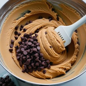 A spatula folding dark chocolate chips into a mixing bowl of thick protein cookie dough.