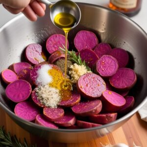 Purple sweet potato wedges being seasoned with olive oil and spices in a mixing bowl.
