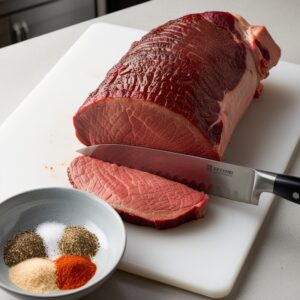 A large beef brisket on a cutting board with a chef trimming excess fat, leaving a thin fat cap. A bowl of mixed seasonings is placed nearby.