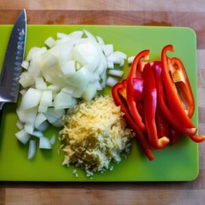 Diced onion, minced garlic, and thinly sliced red bell pepper neatly arranged on a cutting board.