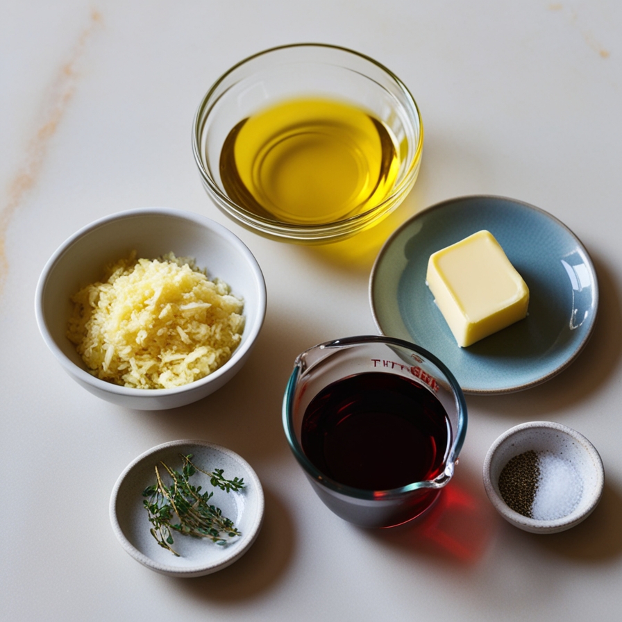 An organized display of ingredients for making sizzling tenderloin tips without beef: garlic, olive oil, butter, thyme, red wine, salt, and pepper.