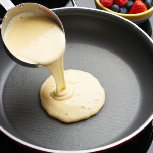 Pouring pancake batter into a sizzling non-stick pan, with bubbles forming around the edges and a bowl of fresh berries nearby.