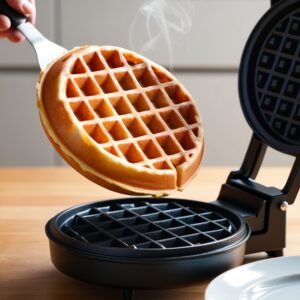 A perfectly cooked waffle being removed from the iron, golden brown and crispy.