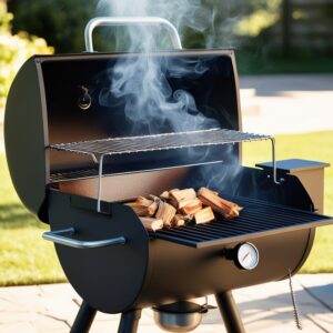 A smoker grill outdoors with smoke rising. The lid is slightly open, showing a water pan and wood chips inside. The temperature gauge reads 225°F.