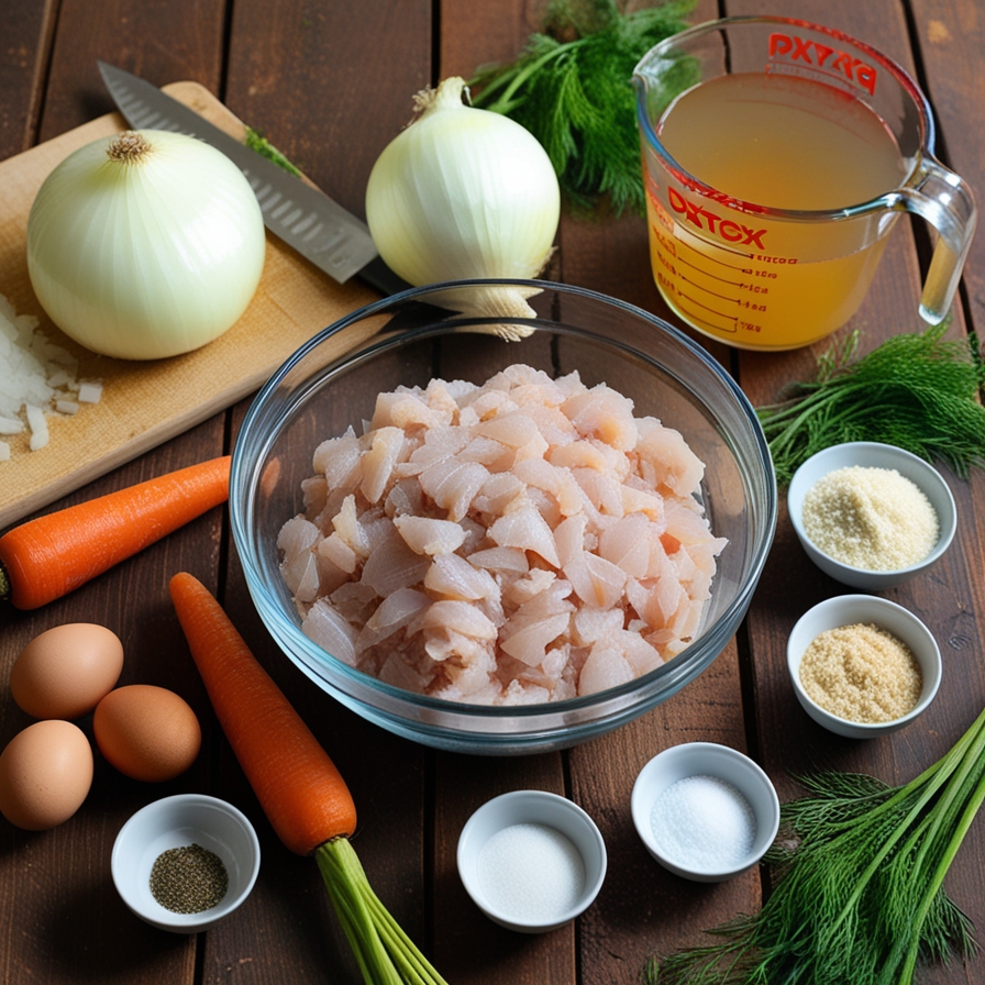 Ingredients for gefilte fish arranged on a wooden table, including ground fish, vegetables, eggs, and seasonings.