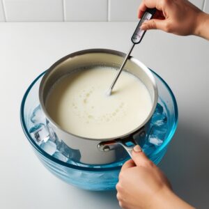 A saucepan with milk cooling in an ice bath. A hand gently stirs the milk while a thermometer shows the temperature decreasing towards 110°F. Condensation forms on the pan.