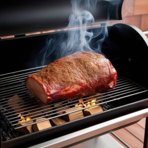 A seasoned beef brisket placed fat side up on the smoker rack, surrounded by smoke with wood chips glowing underneath.