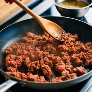 Ground beef is browning in a cast iron skillet, with steam rising as a wooden spoon stirs the beef and excess fat is drained into a bowl.
