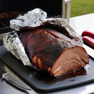 A smoked brisket wrapped in foil resting on a cutting board, slightly unwrapped to reveal the bark. Kitchen utensils are placed nearby.