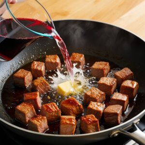 Pouring red wine into the skillet to deglaze and enhance flavors.