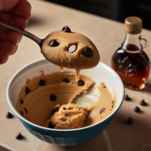 A spoonful of protein cookie dough being tasted, with maple syrup nearby on the countertop for adjusting sweetness.