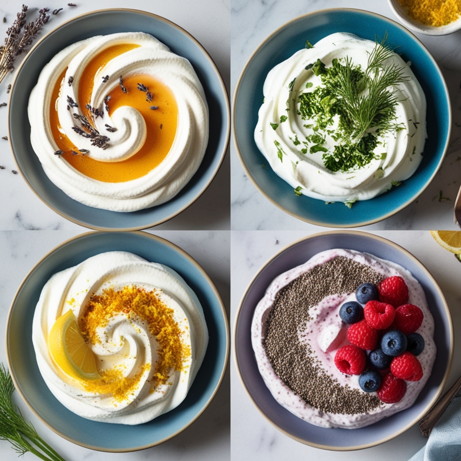 A divided plate presenting four Greek yogurt variations: honey lavender, herb-infused, citrus zest, and protein-packed with chia seeds.