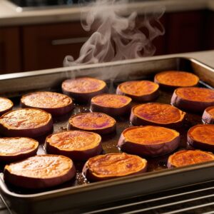 Crispy, golden-brown purple sweet potato slices being removed from the oven, with steam rising from the freshly roasted wedges.
