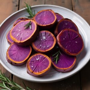 Roasted purple sweet potato rounds garnished with rosemary on a white plate.