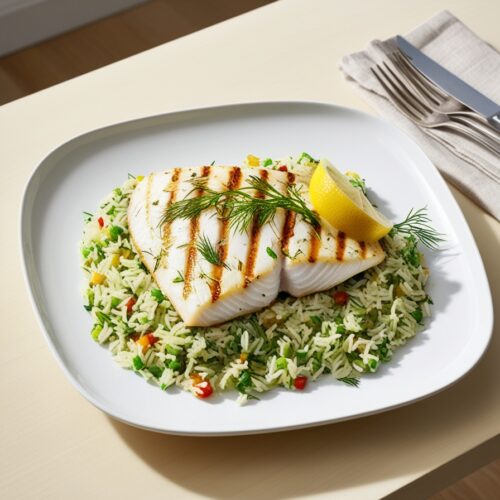 Grilled fish fillet on a bed of colorful herb-infused rice, garnished with lemon and dill.