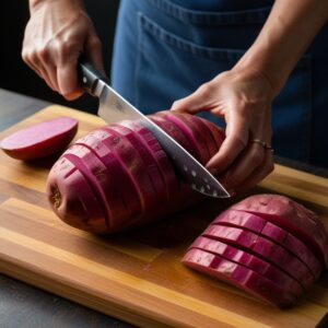 A knife slicing purple sweet potatoes into evenly sized wedges on a wooden cutting board.