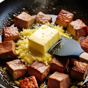 Minced garlic and butter melting over sizzling tenderloin tips in the skillet.