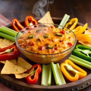 A bowl of creamy Rotel dip, steaming hot and surrounded by tortilla chips, colorful bell peppers, and celery sticks, ready to be served.