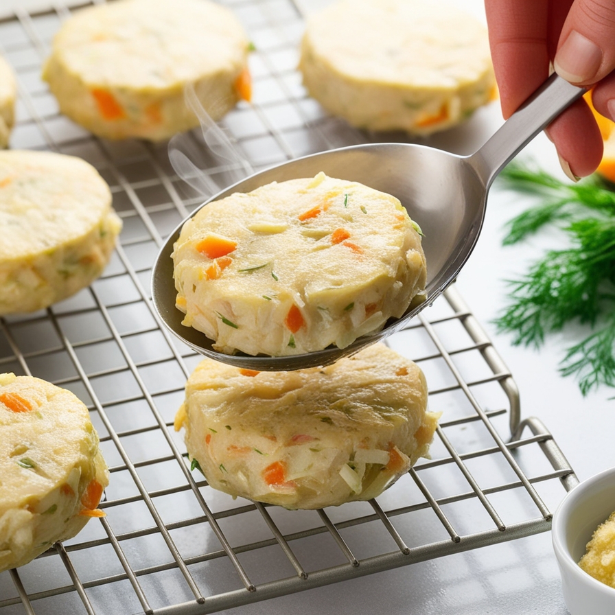 Cooked gefilte fish patties cooling on a rack, ready to be chilled before serving.