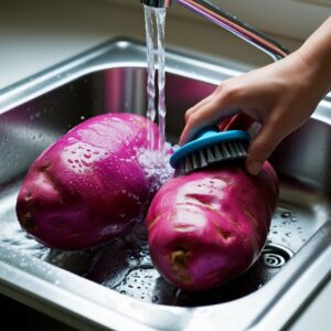 Two large purple sweet potatoes being scrubbed clean under running water.