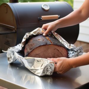 Hands wrapping the dark, crusty brisket in aluminum foil, preparing it for the final stage of cooking. The smoker is visible in the background.