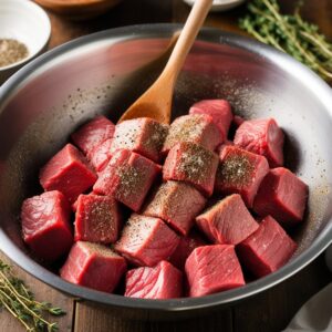 Beef tenderloin cubes generously seasoned with salt and black pepper in a bowl.
