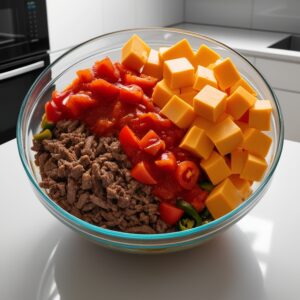 A large glass bowl filled with cubed Velveeta, Rotel tomatoes with green chilies, and cooked ground beef, ready to be heated in a modern kitchen.