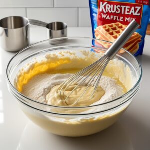 A bowl of Krusteaz waffle mix and water being whisked together with small lumps remaining.