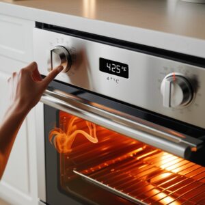 An oven being preheated to 425°F, with the temperature dial highlighted.