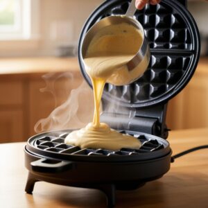 Batter being carefully poured into a waffle iron, filling the center and spreading outward.