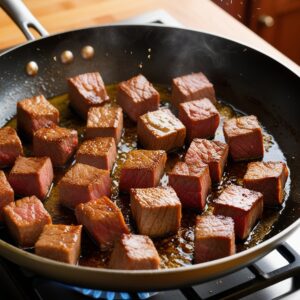 Tenderloin cubes sizzling in the skillet, forming a crispy golden-brown crust.