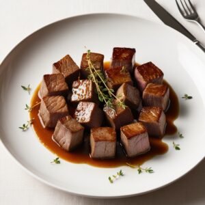 Sizzling tenderloin tips served on a plate with fresh thyme garnish, ready to enjoy.